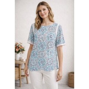 WB10 Loft Linen Floral Print Cold Shoulder Top Crochet Short Sleeve Blouse MP